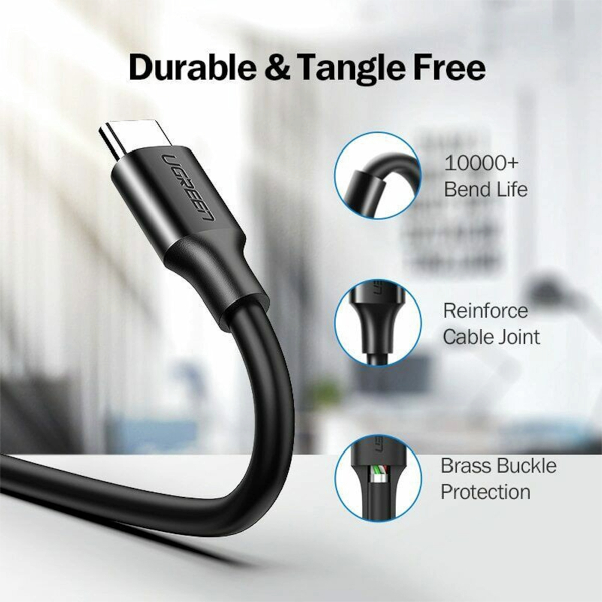 UGREEN Type-C to USB 3.0 Cable 1m – Fast Charging 3A, 5Gbps Sync – Black - Image 2