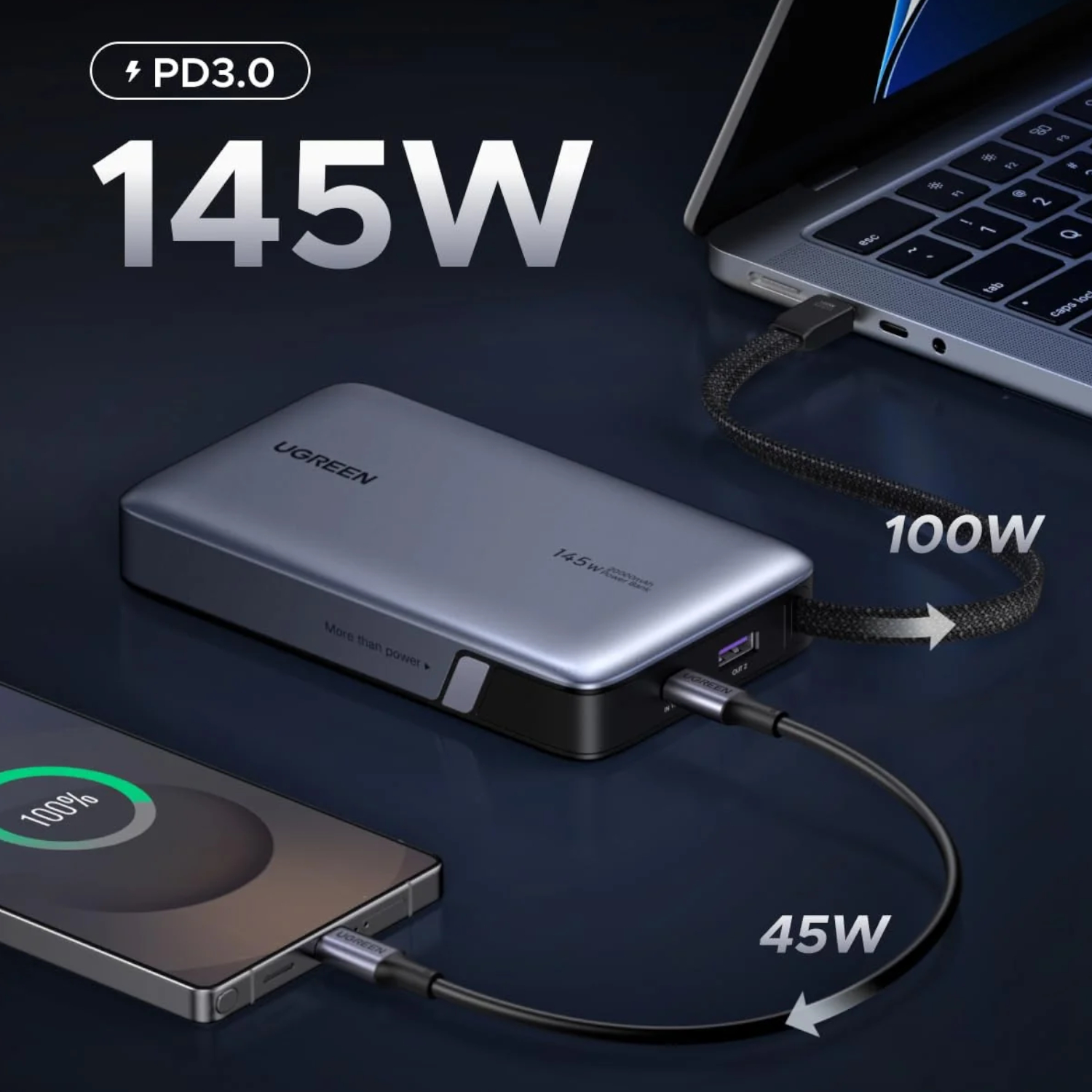 UGREEN Nexode 145W 20000mAh Power Bank with built-in USB Type-C Cable - Image 2